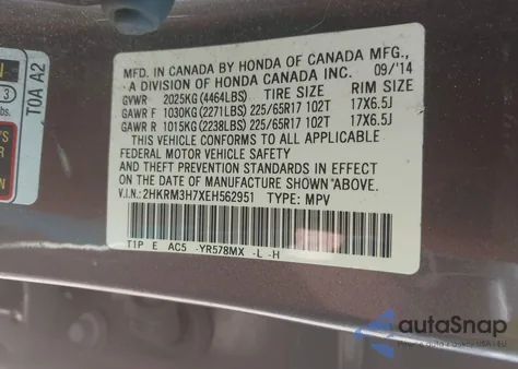2014 Honda Cr-V Ex-L from USA, damaged, VIN 2HKRM3H7XEH562951